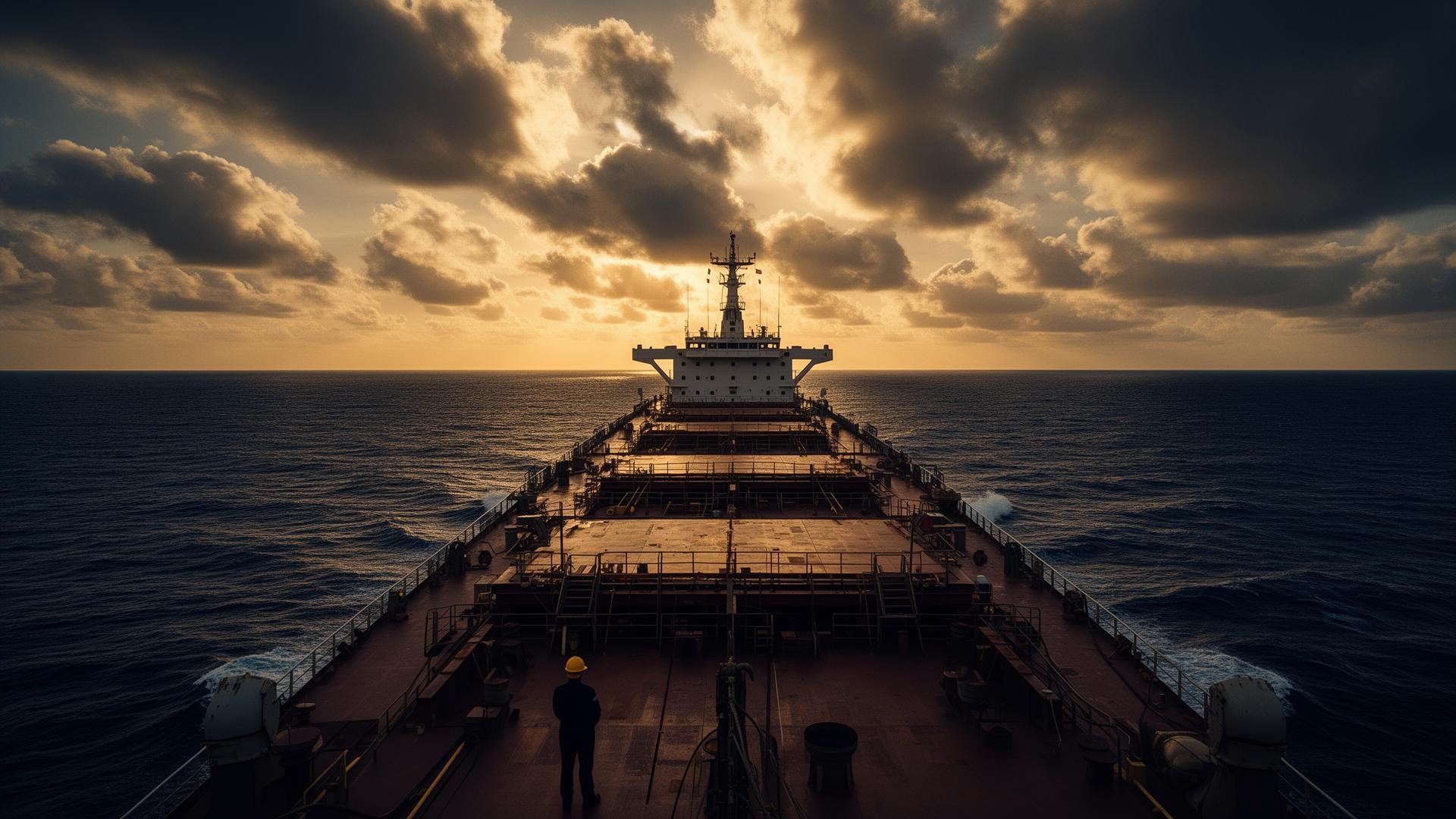 Cargo ship at sea during golden hour